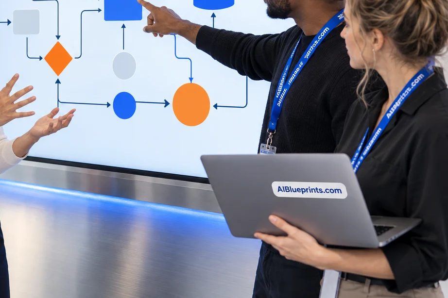 An operations team discussing a rollout in the AIBlueprints.com studio.