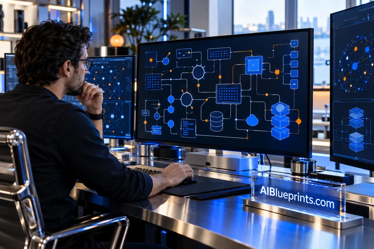 An engineer reviewing system architecture at a workstation.