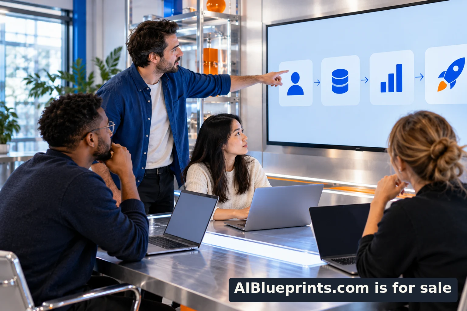 A team reviewing an implementation plan at a shared display.