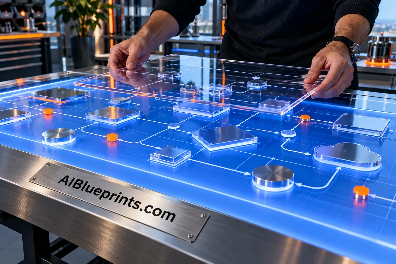 Colleagues reviewing a system plan beside an AIBlueprints.com studio sign.
